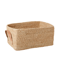 Natural Rectangular Raffia Basket Leather Handles Rice DK